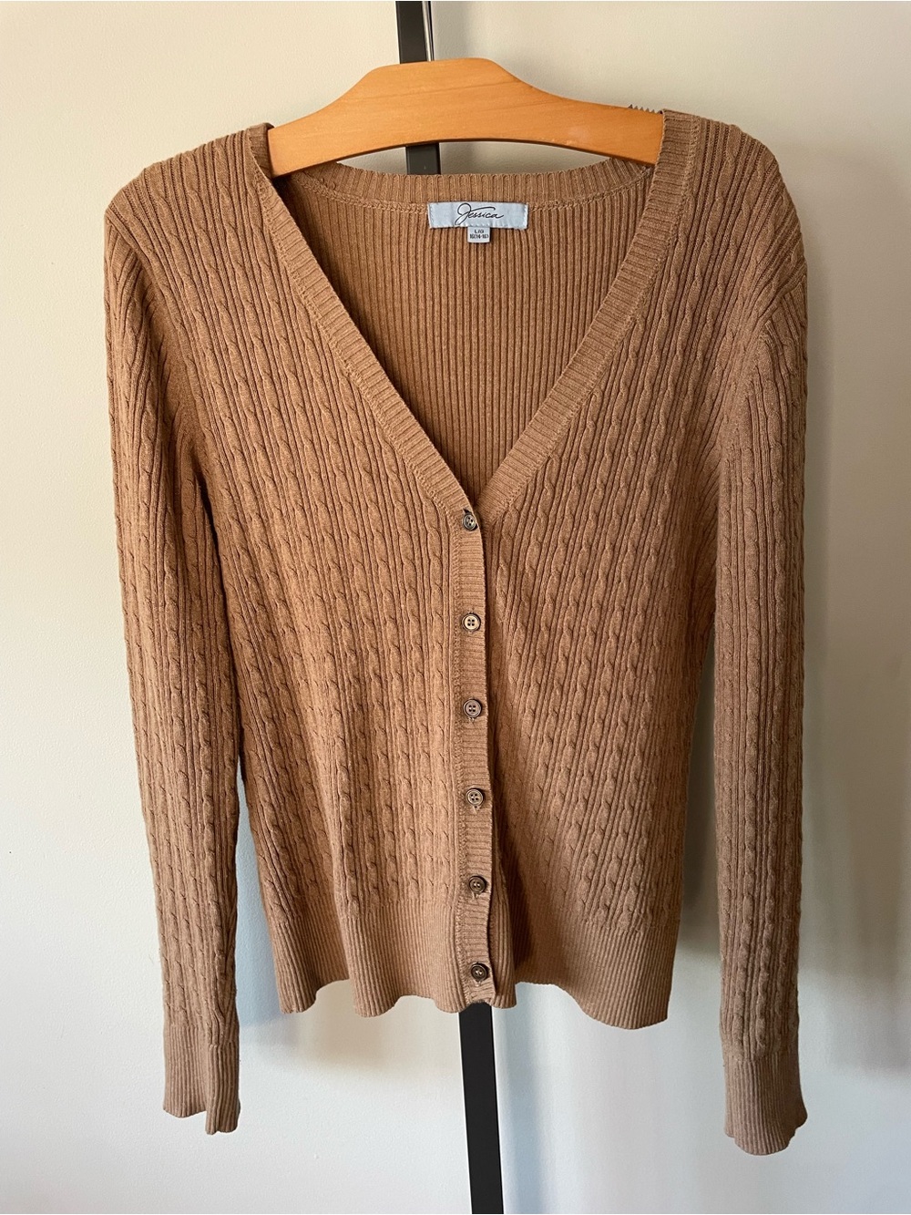Jessica 100% Cotton Cable Knit Button Down Cardigan Sweater Camel Tan Size Large